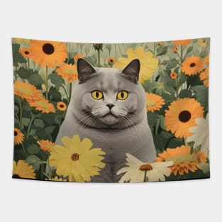 Feline Garden Delight: Cats Amongst a Bouquet of Blooms - Chive Tapestry