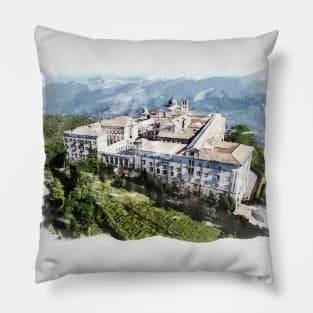 Historic Montecassino Abbey / Mountains of Italy Near Rome / Watercolour Painting Pillow