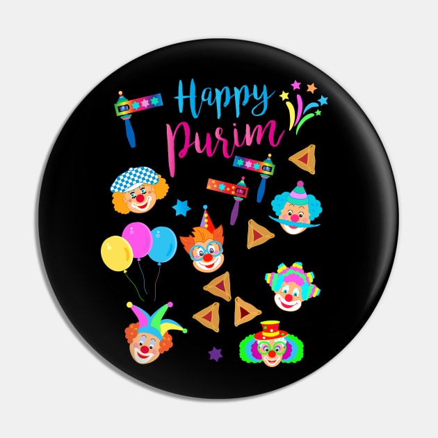 Happy Purim Kids Party Gifts Decoration Jewish Holiday Traditional symbols. Hamantaschen cookies, gragger toy noisemaker, clowns, balloons, masks, stars of David. Carnival. Pin by sofiartmedia