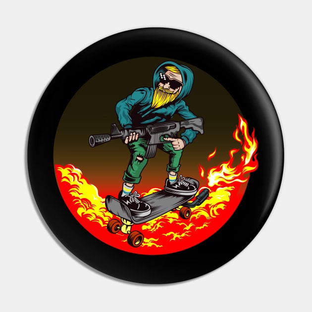 Man Riding on Armed Skateboard Illustration Pin by Invectus Studio Store