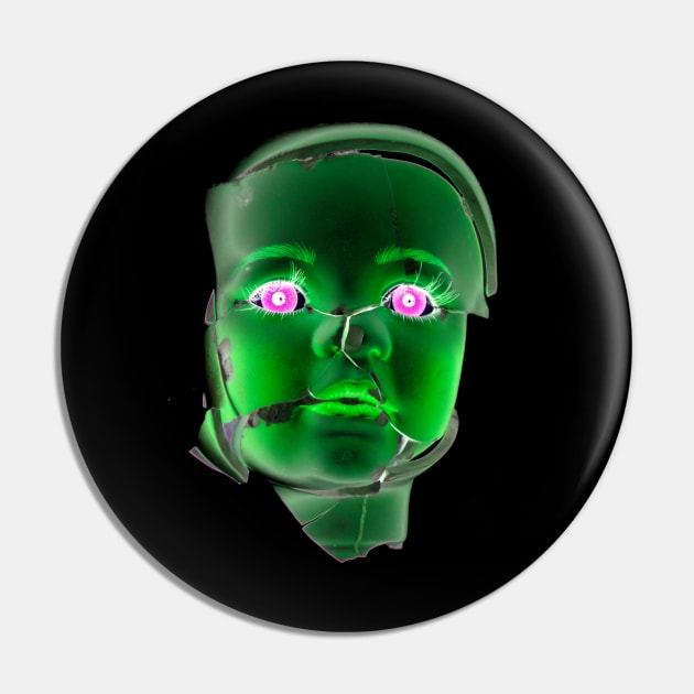 Freaky Halloween Broken Doll Zombie Face Green Pin by Squeeb Creative