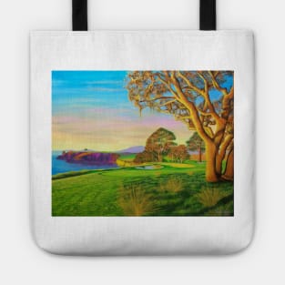 Colorful painting of the 6th hole at Pebble Beach Golf Course Tote