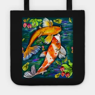 Best fishing gifts for fish lovers 2022. Koi fish pair couple swimming in koi pond with plants and flowers Tote