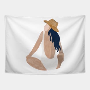 Blue haired girl sitting on the beach Tapestry