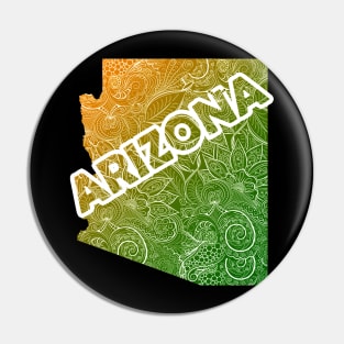 Colorful mandala art map of Arizona with text in green and orange Pin