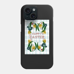 Happy Easter Floral Wreath with Daffodils, Mushrooms, and Ladybugs on Plaid | blue, yellow Phone Case