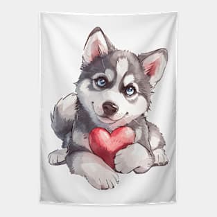 Valentine Siberian Husky Holding Heart Tapestry