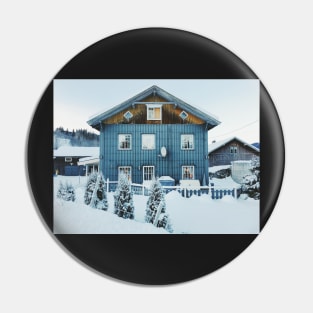 White Christmas - Typical Norwegian Farmhouse With Illuminated Xmas Decoration in Window Pin