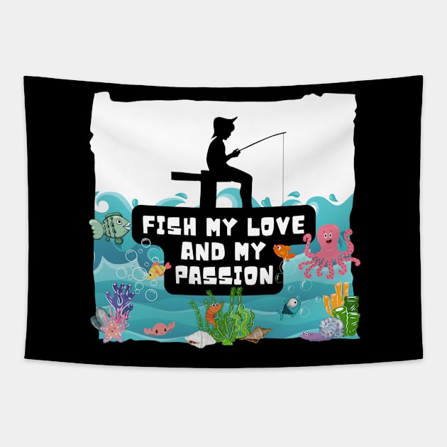 Fish my love and my passion - fishing child Tapestry by Smiling-Faces