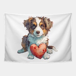 Valentine Australian Shepherd Holding Heart Tapestry