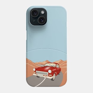 Red vintage car on the highway  in the desert and mountains. Phone Case