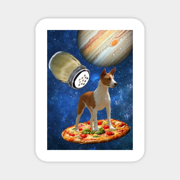 Pizza Dog - A Hound Riding Fast Food Through A Sapphire Blue Milky Way Galaxy Under Jupiter Being Followed By Parmesan Cheese Magnet by Courage Today Designs