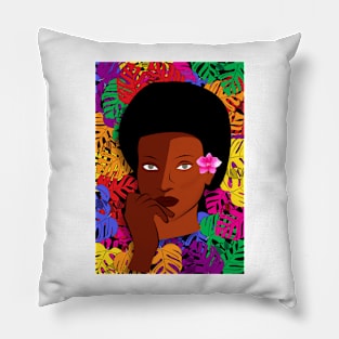 Beautiful Black Afro Woman With Colourful Plants Pillow