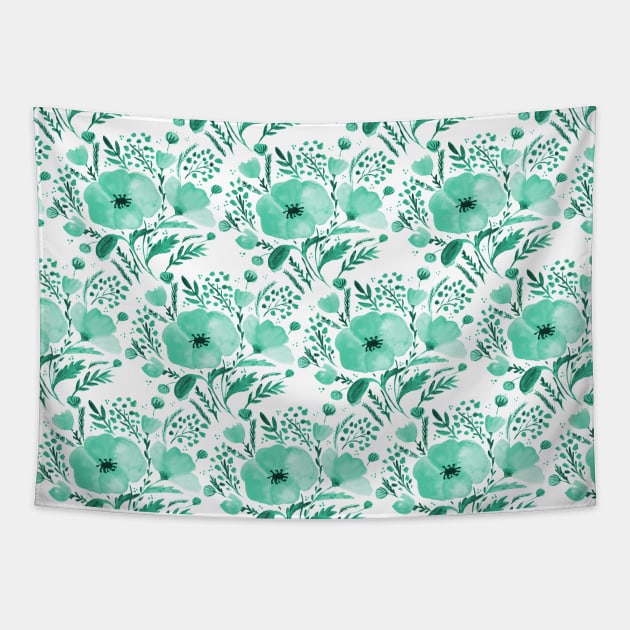 Watercolor poppies bouquet pattern - aqua Tapestry by wackapacka