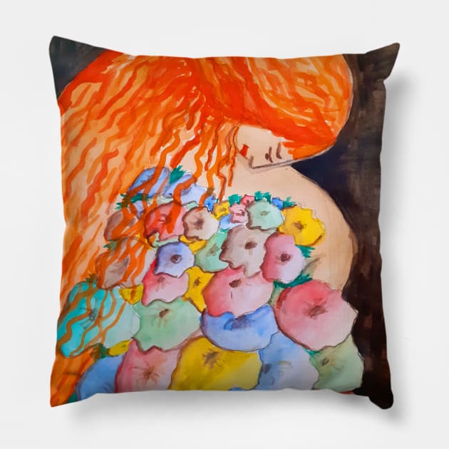 Beautigul Ginger Girl With Flowers 001 Pillow by Maltez