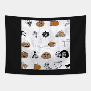 Halloween Pattern on White Background: Ghosts, Witches Hats, Bats, Witch Broom Cute Fall Design Autumn Tapestry