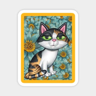 Cute Calico Kitty Cat with yellow and green flowers Magnet