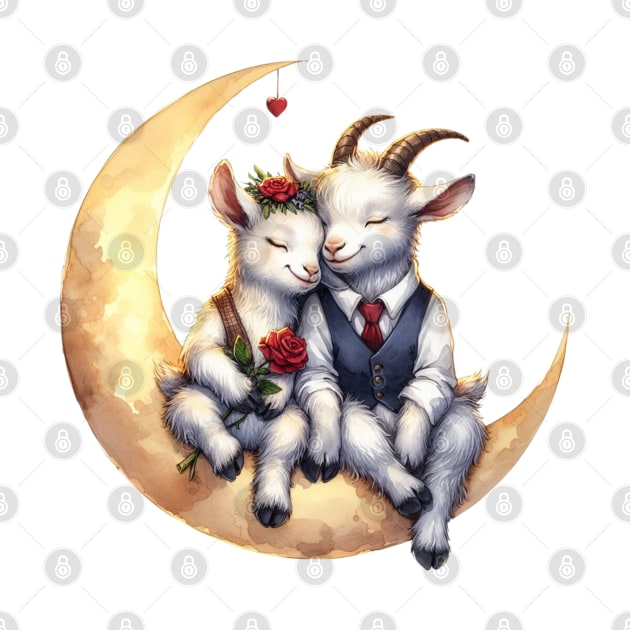 Valentine Goat Couple on Moon by Chromatic Fusion Studio