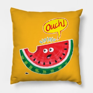 Funny piece of summer watermelon expressing pain after a bite Pillow