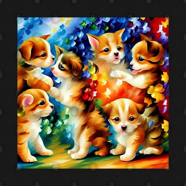 Colorful Puppies and Kitten Playing by jillnightingale