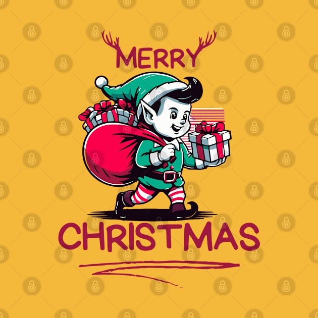 Merry Christmas Elf with Bag of Presents: Festive Tee for the Holiday Season by Thewondercabinet28