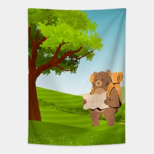 Hiking Bear with a Map Under a Tree Tapestry