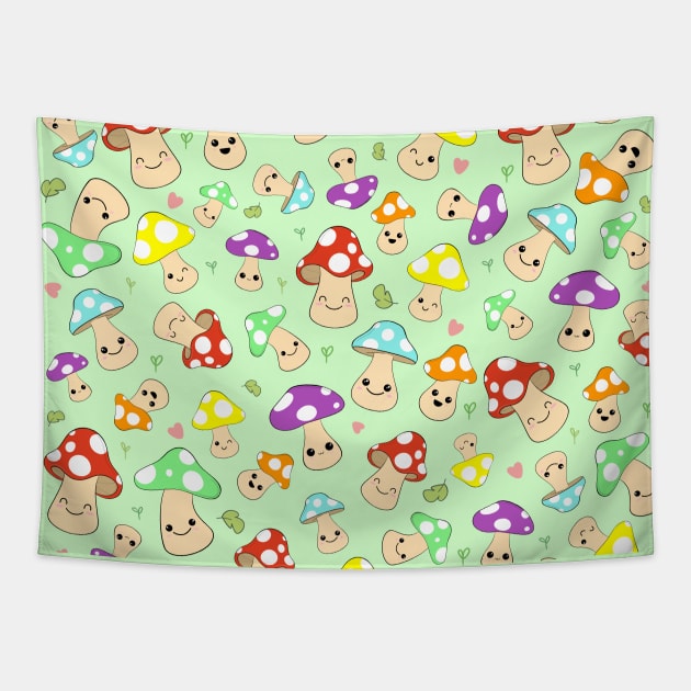 Kawaii Mushrooms Pattern Tapestry by ShutterStudios