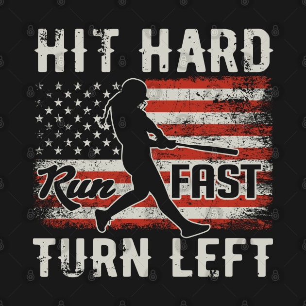 Hit Hard Run Fast Turn Left USA Flag Softball Player by ryanjaycruz