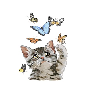 Cute cat playing with butterflies T-Shirt