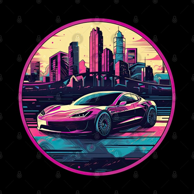 Tesla Roadster inspired car in front of a vibrant and colorful city skyline by TeePulseMania