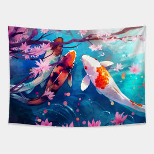 Peaceful Koi Pond with Cherry Blossoms - Anime Wallpaper Tapestry