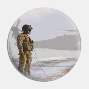 Beautiful watercolor painting of a US army soldier near a US helicopter Pin