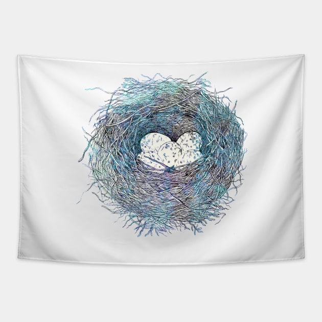 Painted Bird Nest Eggs Blue Watercolor Tapestry by oknoki