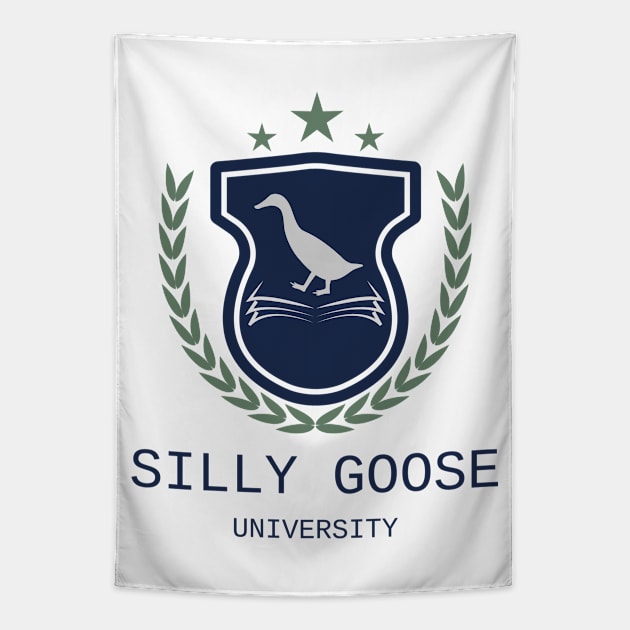 Silly Goose University - Walking Goose Blue Emblem With Green Details Tapestry by Double E Design