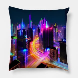 Ai Generated Art Scenery - Futuristic City Skyline With Neon Street Lights Pillow