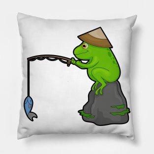 Frog on Stone at Fishing with Fishing rod & Fish Pillow