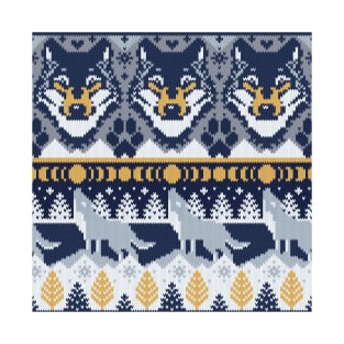 Fair isle knitting grey wolf // pattern // navy blue and grey wolves yellow moons and pine trees T-Shirt