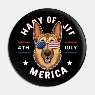 A cartoon German Shepherd in American flag colors has an American flag-colored face, wearing American flag-colored sunglasses Pin