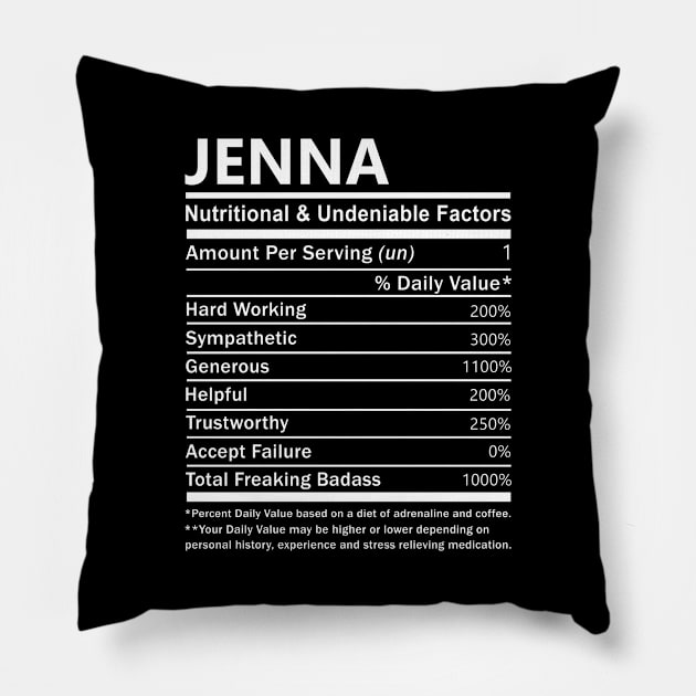 Jenna Name T Shirt - Jenna Nutritional and Undeniable Name Factors Gift Item Tee Pillow by nikitak4um