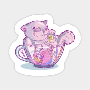 Kit-Tea Funny kitty pun with Cute Pastel Cat and Tea cup Magnet