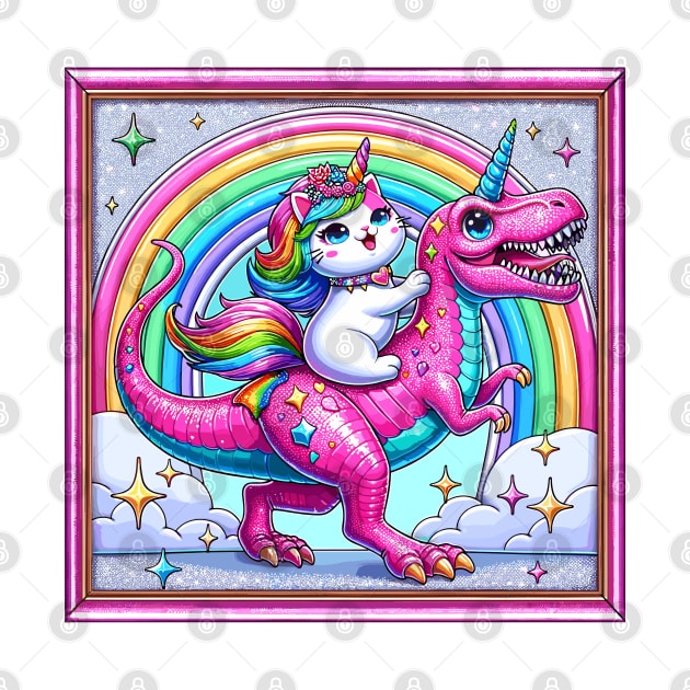 Cute Rainbow cat unicorn rides atop a pink cute dinosaur by KontrAwersPL