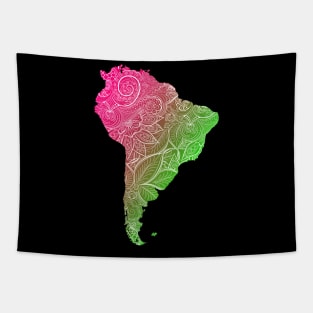 Colorful mandala art map of South America with text in pink and green Tapestry