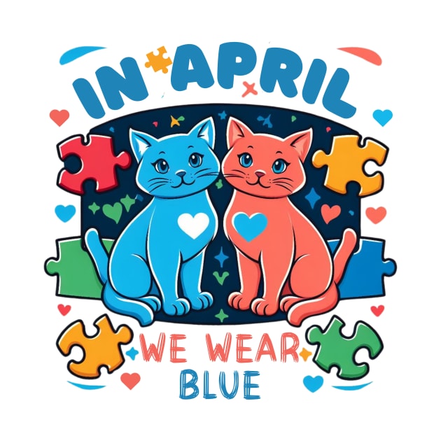 In April We Wear Blue Autism Awareness Month Cute Cats by Chahrazad's Treasures