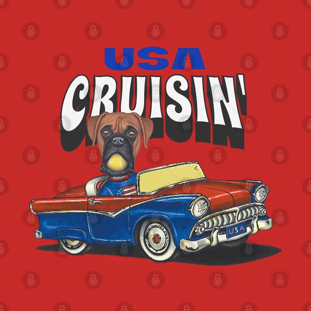 Cute and Funny Boxer dog cruisin' in a classic vintage car in the USA by Danny Gordon Art