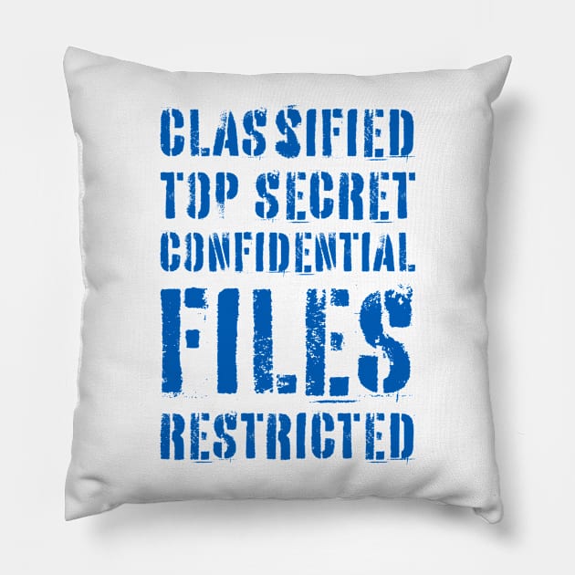 Classified Files Typography Stack (Blue) Pillow by John Uttley