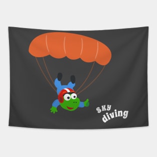 cartoon illustration of skydiving with litlle dinosaur Tapestry