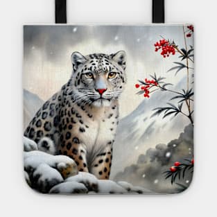 A Proud Snow Leopard Went Hunting, in the Snowy forest, Hight Mountains, Snow Falling, Winter Landscape, Wildlife White Panthera, Watercolor Realistic Illustration, Art, Portrait, Poster, Shirt, Christmas Holiday, Birthday gifts, Hunting lover Tote