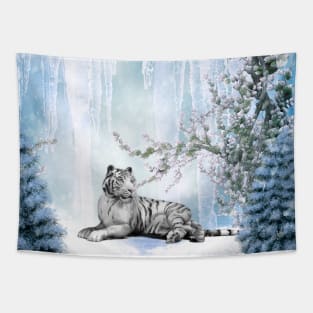 Snow tiger in a winter landscape Tapestry