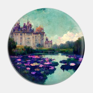 Teal Sky Castle and Waterlillie pond flower painting Pin