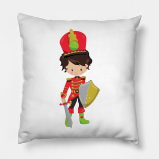 Soldier, Cute Boy, Sword, Shield, Brown Hair Pillow